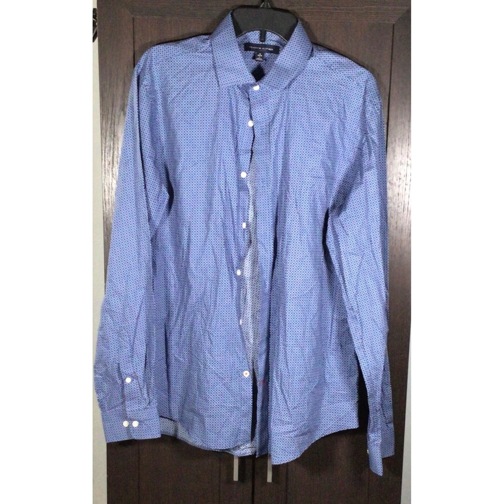 Tommy Hilfiger Mens Slim Fit Button Down Shirt Blue Geometric Print 16 34/35 L
